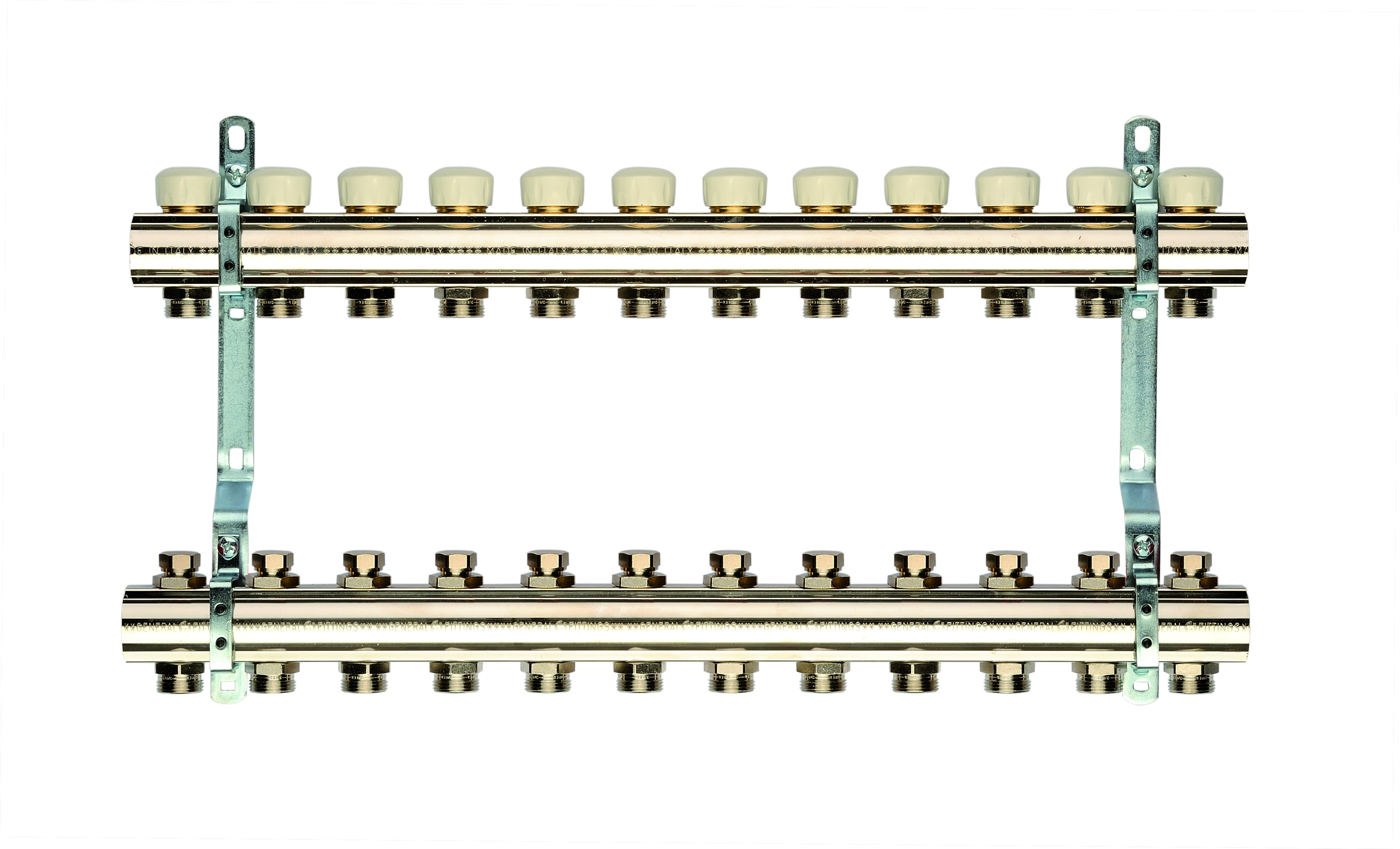Коллект. группа с запорными клапанами для отопления (возвратный коллектор латунь, подающий коллектор латунь, цельнометаллические кронштейны). Выходы — резьба 3/4 (Евроконус)