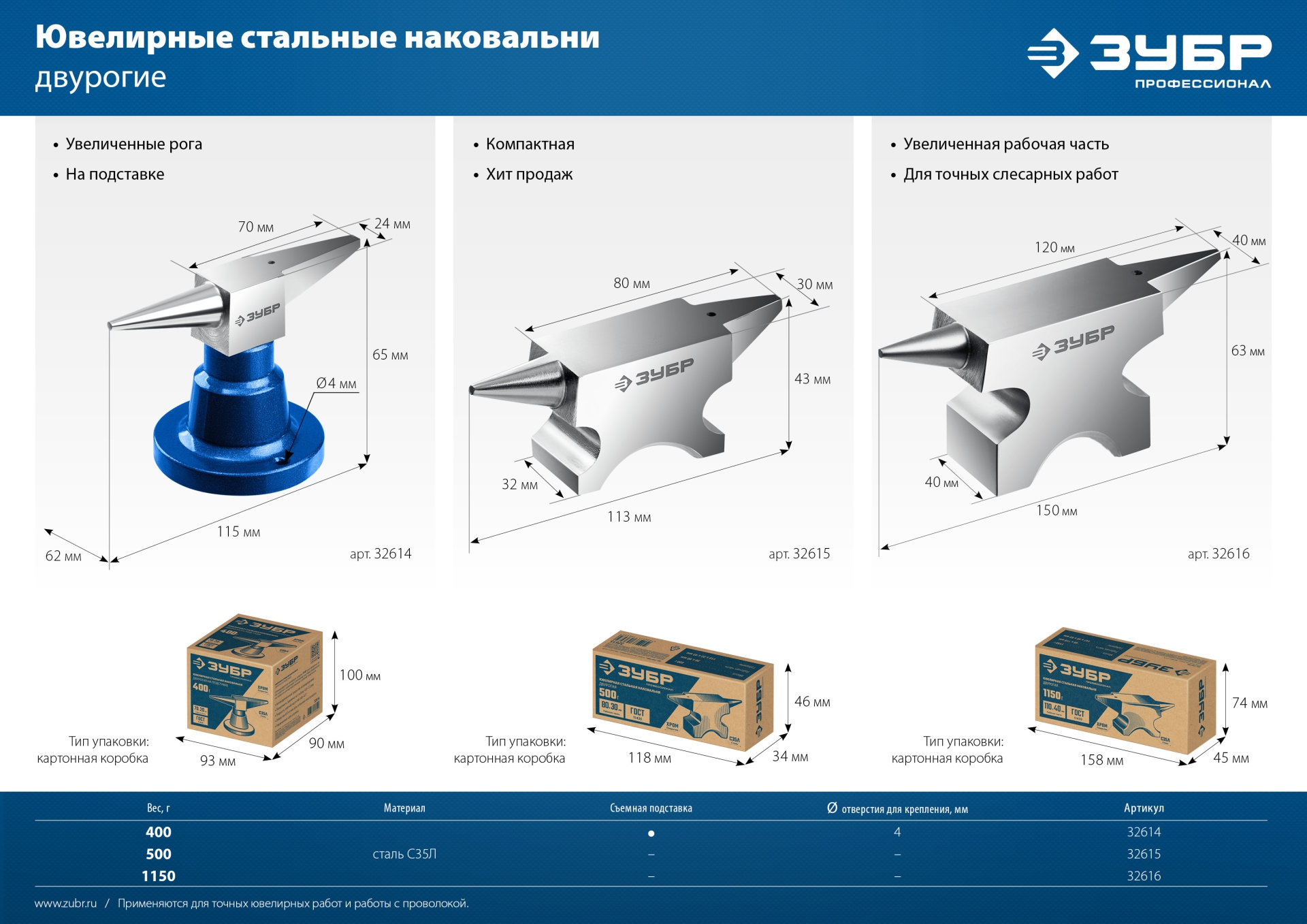 ЗУБР 400 г настольная, ювелирная стальная наковальня, Профессионал (32614)