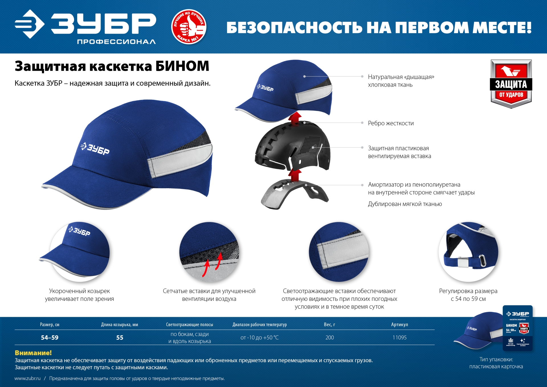 ЗУБР БИНОМ, синяя, ударопрочный корпус, укороченный козырёк 55 мм, размер от 54 до 59 см, защитная каскетка, Профессионал (11095)