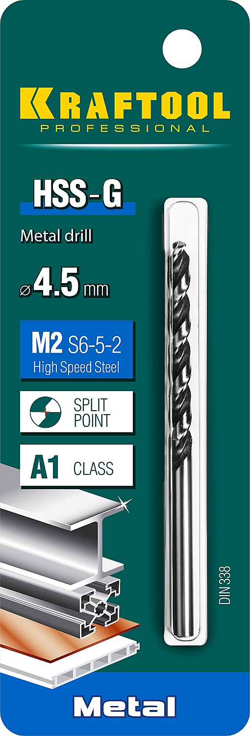 KRAFTOOL HSS-G, 4.5 х 80 мм, сталь P6M5, сверло по металлу (29651-4.5)