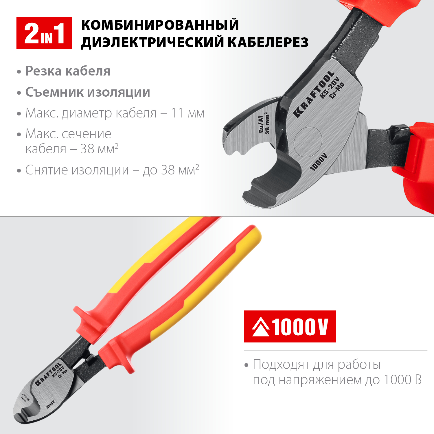 KRAFTOOL KS-20V, d 11мм, 200мм, диэлектрический кабелерез (23333-20V)