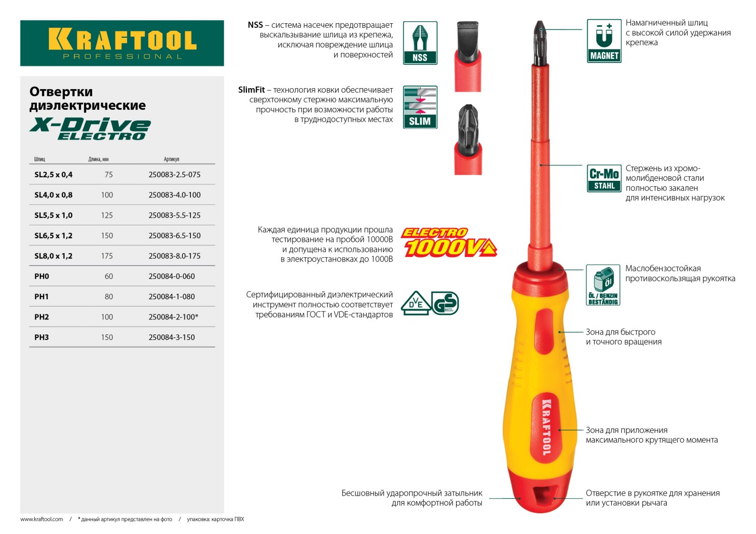 KRAFTOOL SL8 х 175 мм, высоковольтная отвертка (250083-8.0-175)