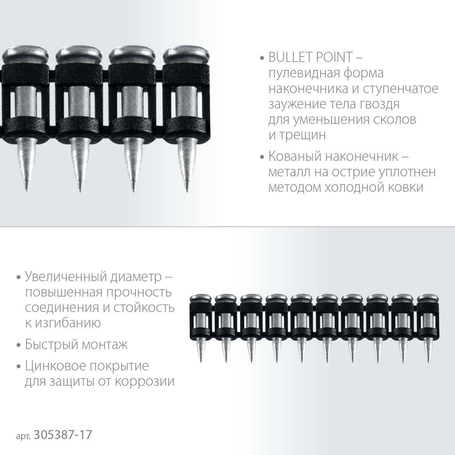 ЗУБР CN усиленные bullet point 17 х 3.05 мм, гвозди по бетону оцинкованные, 1000 шт (305387-17)