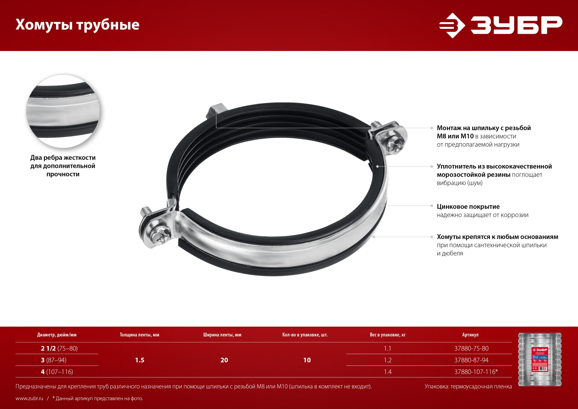 ЗУБР 3″, М8/М10, цинк, 10 шт, трубный хомут с гайкой (37880-87-94)