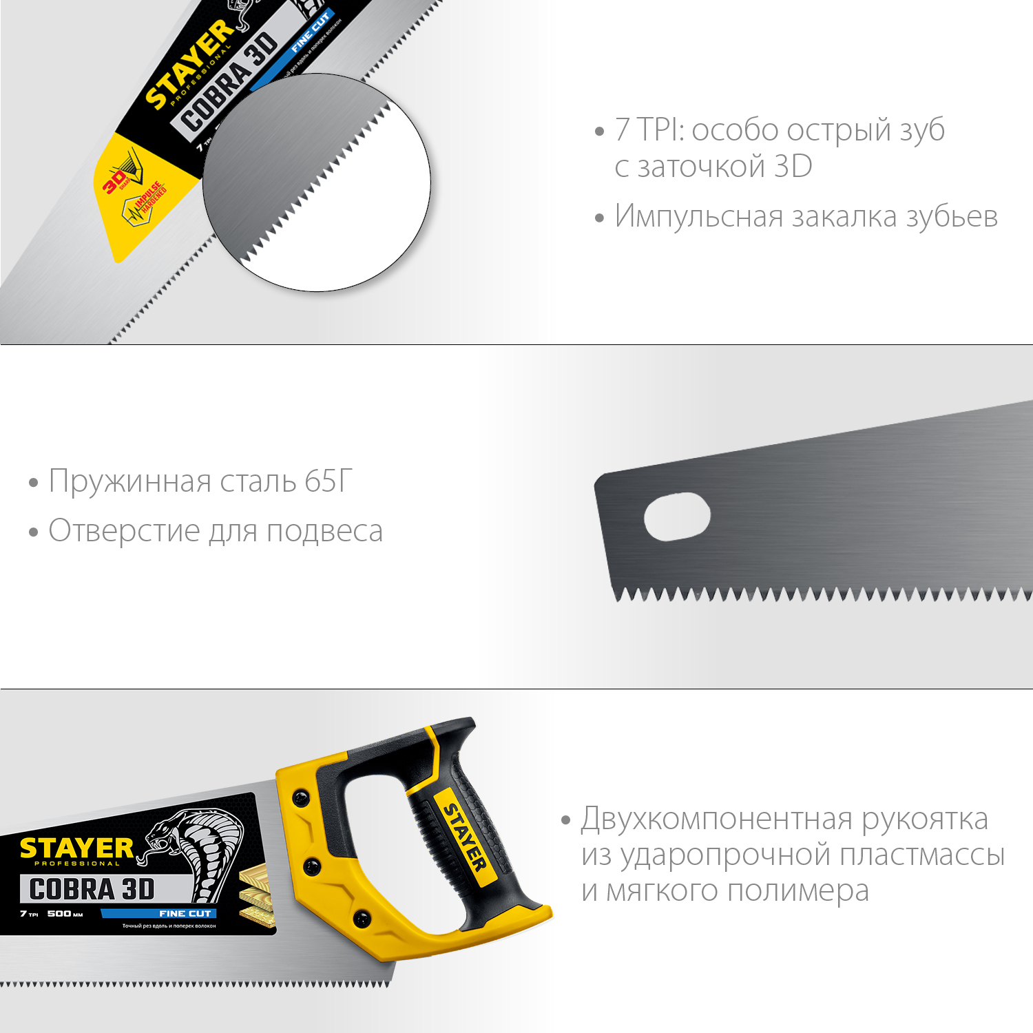STAYER Cobra 3D, 500 мм, универсальная ножовка, Professional (1512-50)