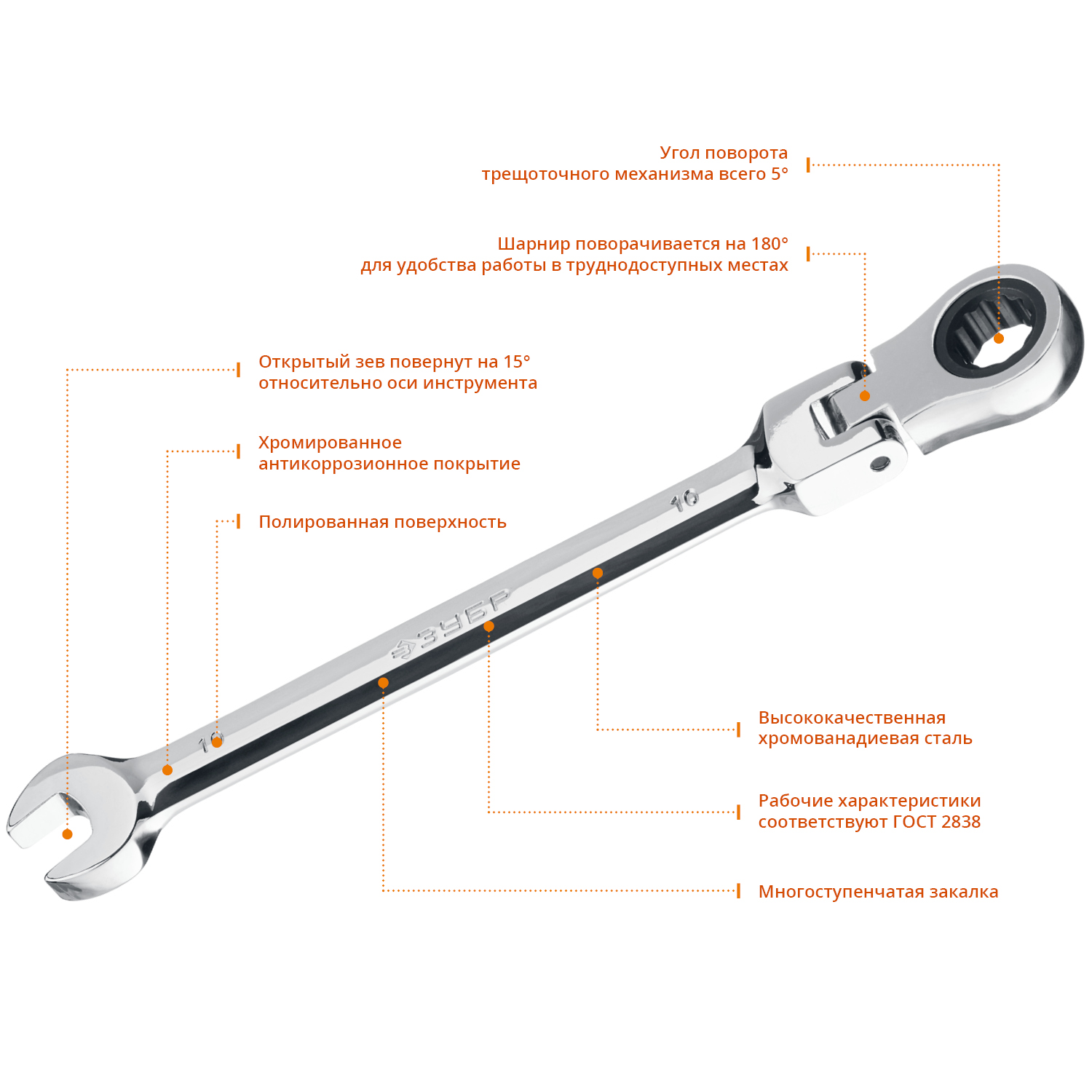 ЗУБР 10 мм, шарнирный трещоточный гаечный ключ, Профессионал (27101-10)