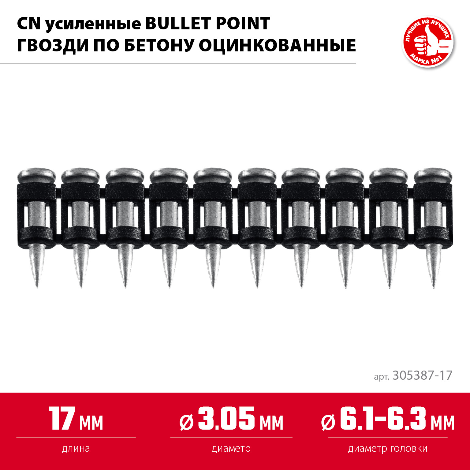 ЗУБР CN усиленные bullet point 17 х 3.05 мм, гвозди по бетону оцинкованные, 1000 шт (305387-17)