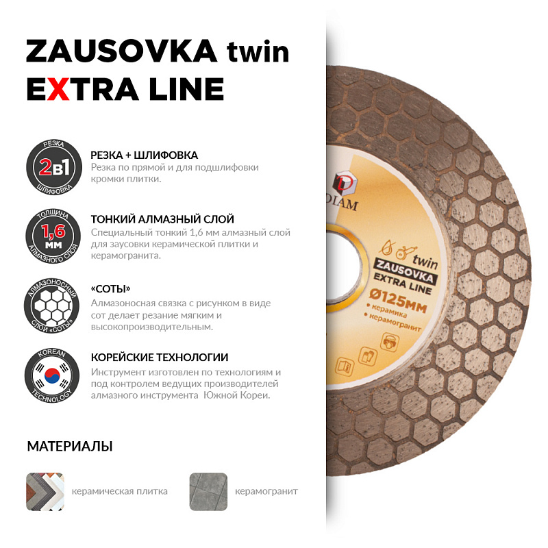 Круг алмазный ZAUSOVKA TWIN Extra Line 125x1,6x25x22,2 (Керамогранит)