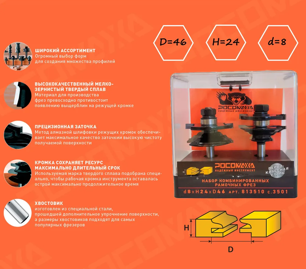 Набор комбинированных рамочных фрез d8*H24*D46 серия 3501