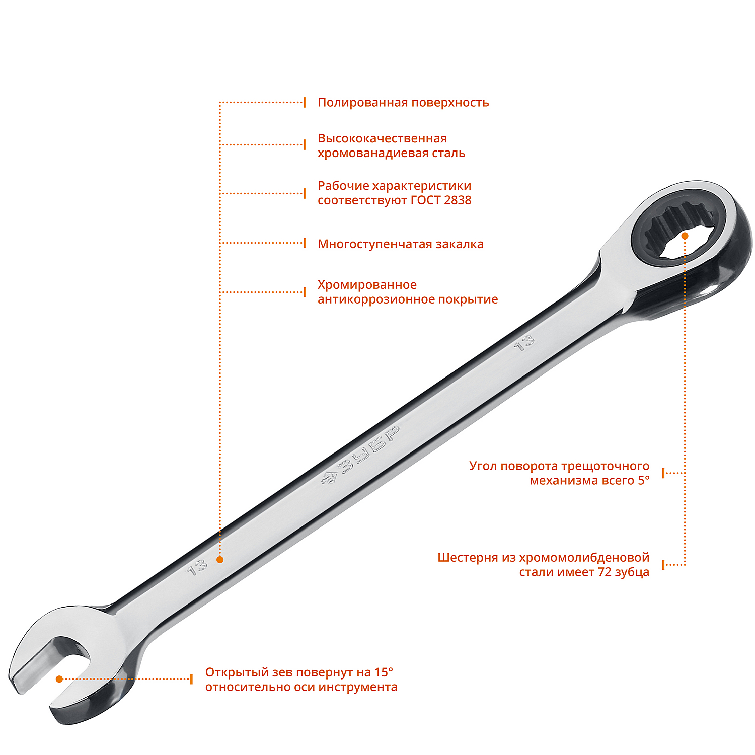ЗУБР 13 мм, комбинированный трещоточный гаечный ключ, Профессионал (27074-13)