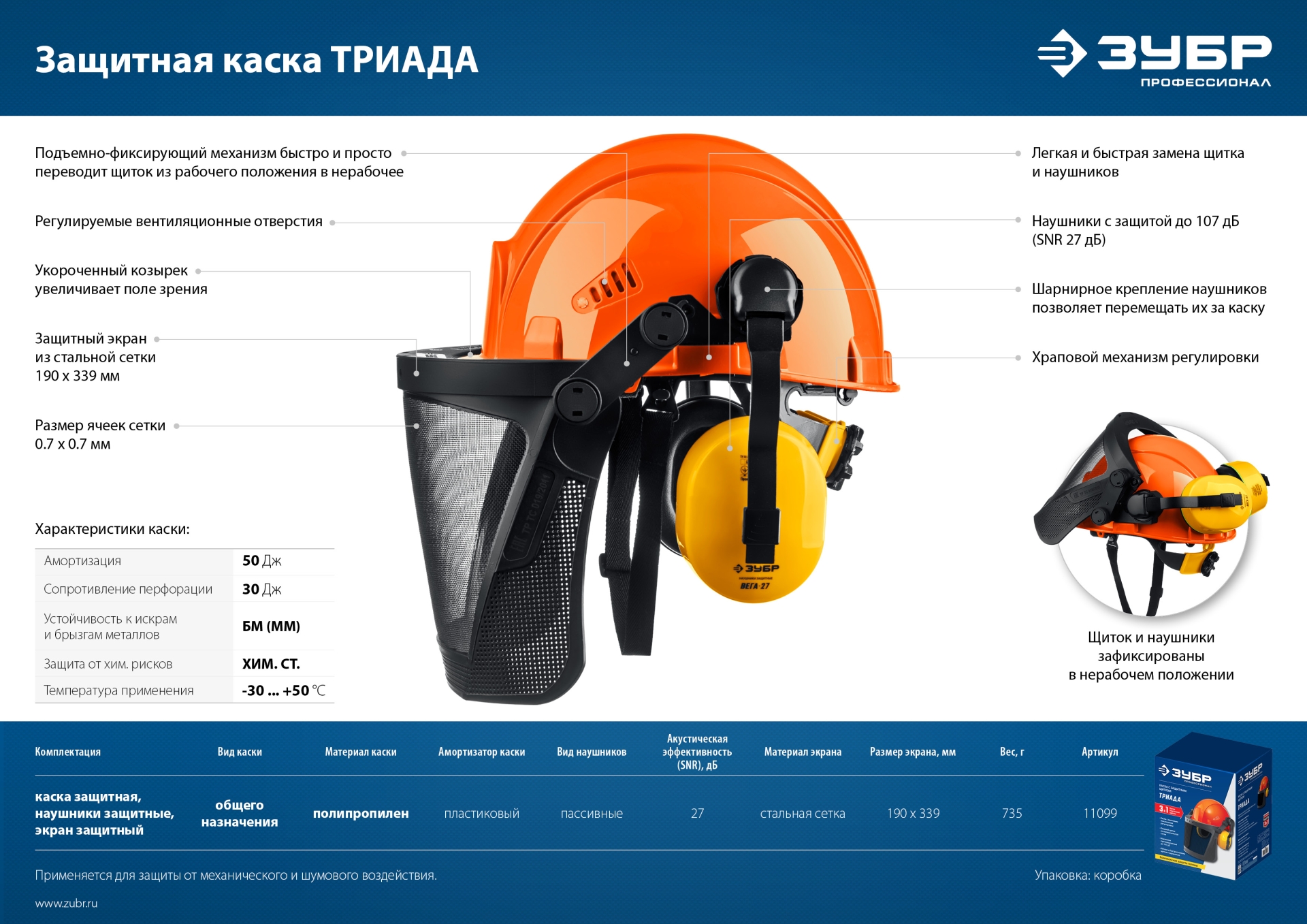 ЗУБР ТРИАДА, защитная каска в комплекте с наушниками и защитным сетчатым экраном, Профессионал (11099)