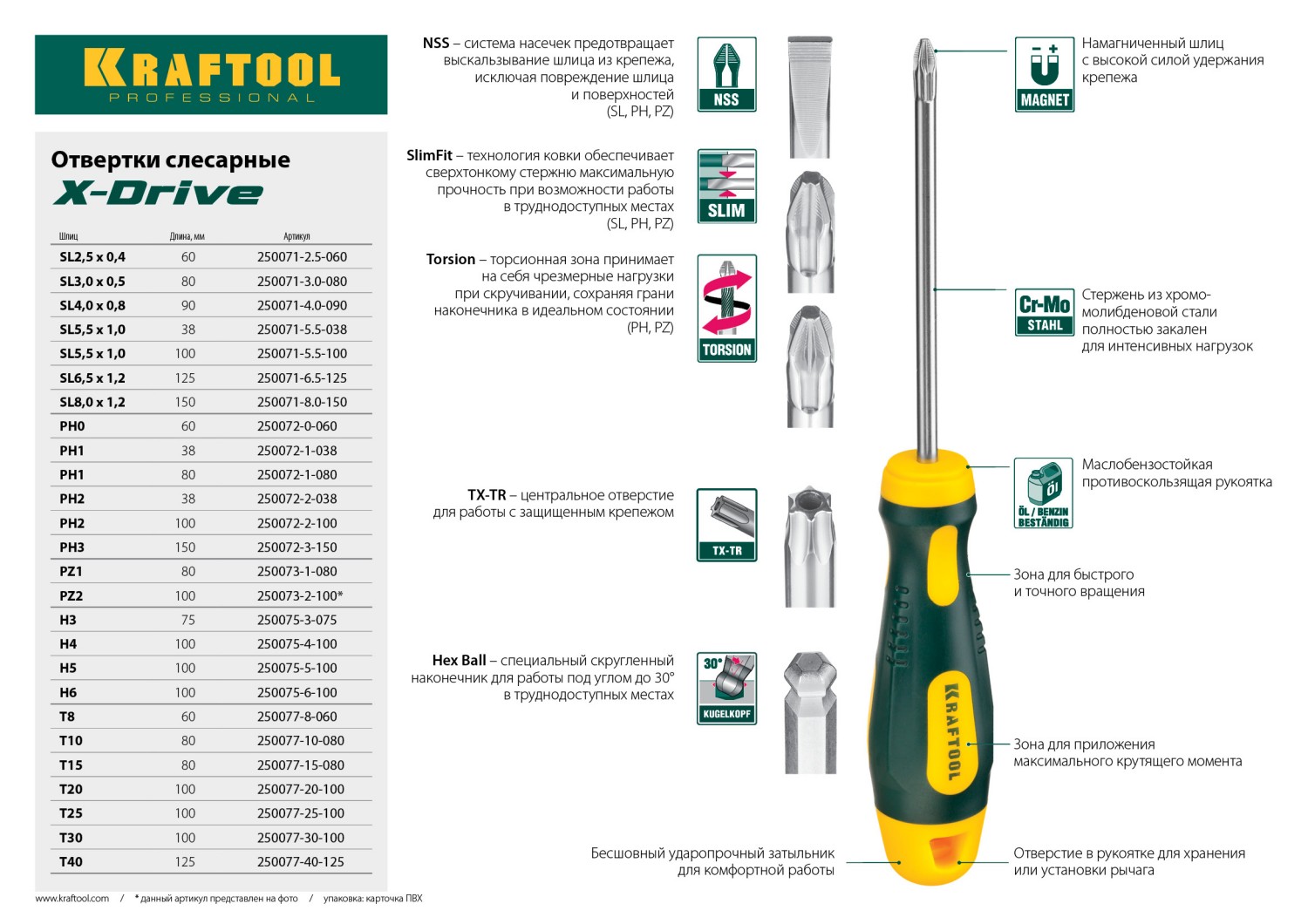 KRAFTOOL Х-Drive, Hex4 x 100, отвертка (250075-4-100)
