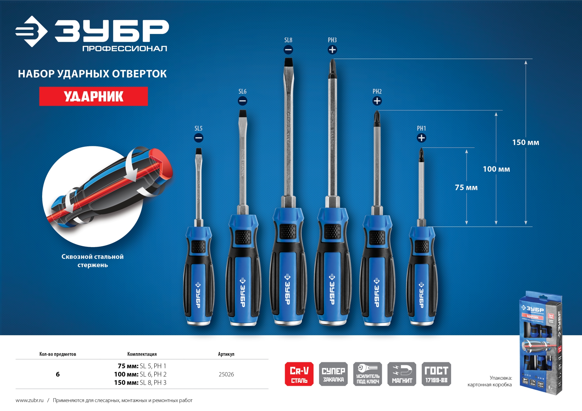 ЗУБР Ударник, 6 предм., набор ударных отверток, Профессионал (25026)