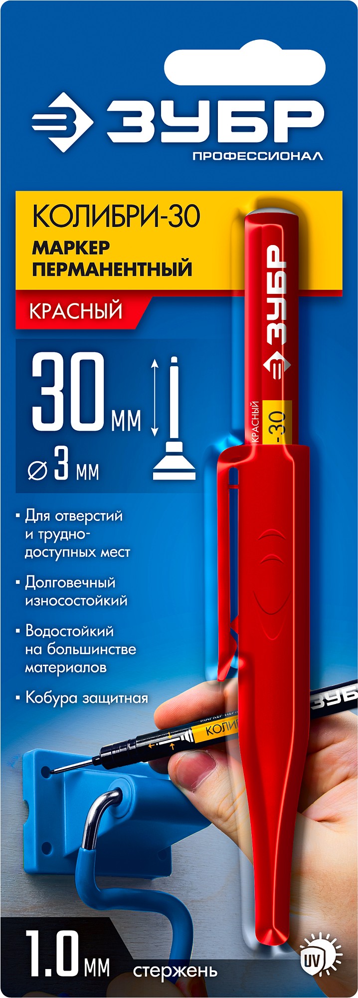 ЗУБР Колибри-30 красный, наконечник L 30 мм, ᴓ 2.8 мм, перманентный маркер для отверстий (06338-3)