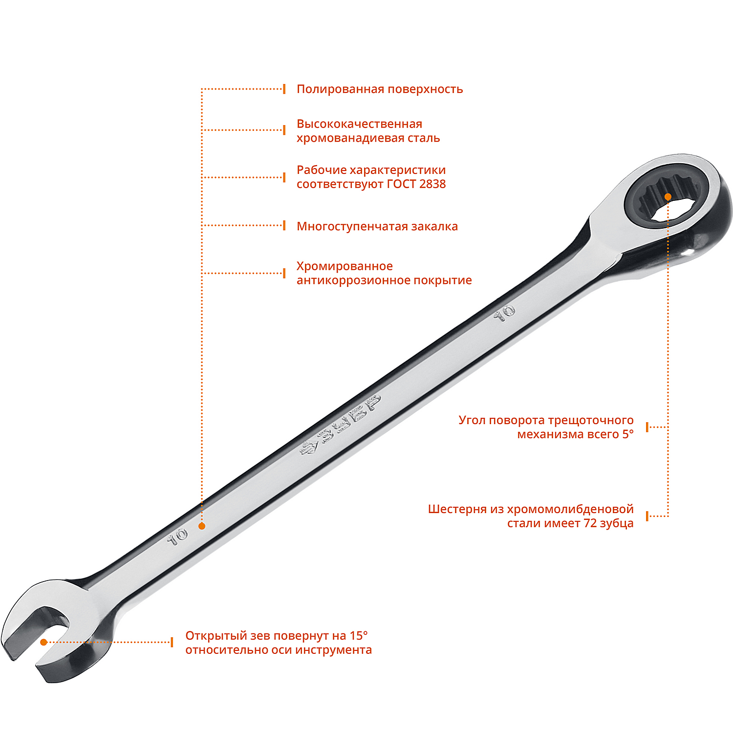 ЗУБР 10 мм, комбинированный трещоточный гаечный ключ, Профессионал (27074-10)